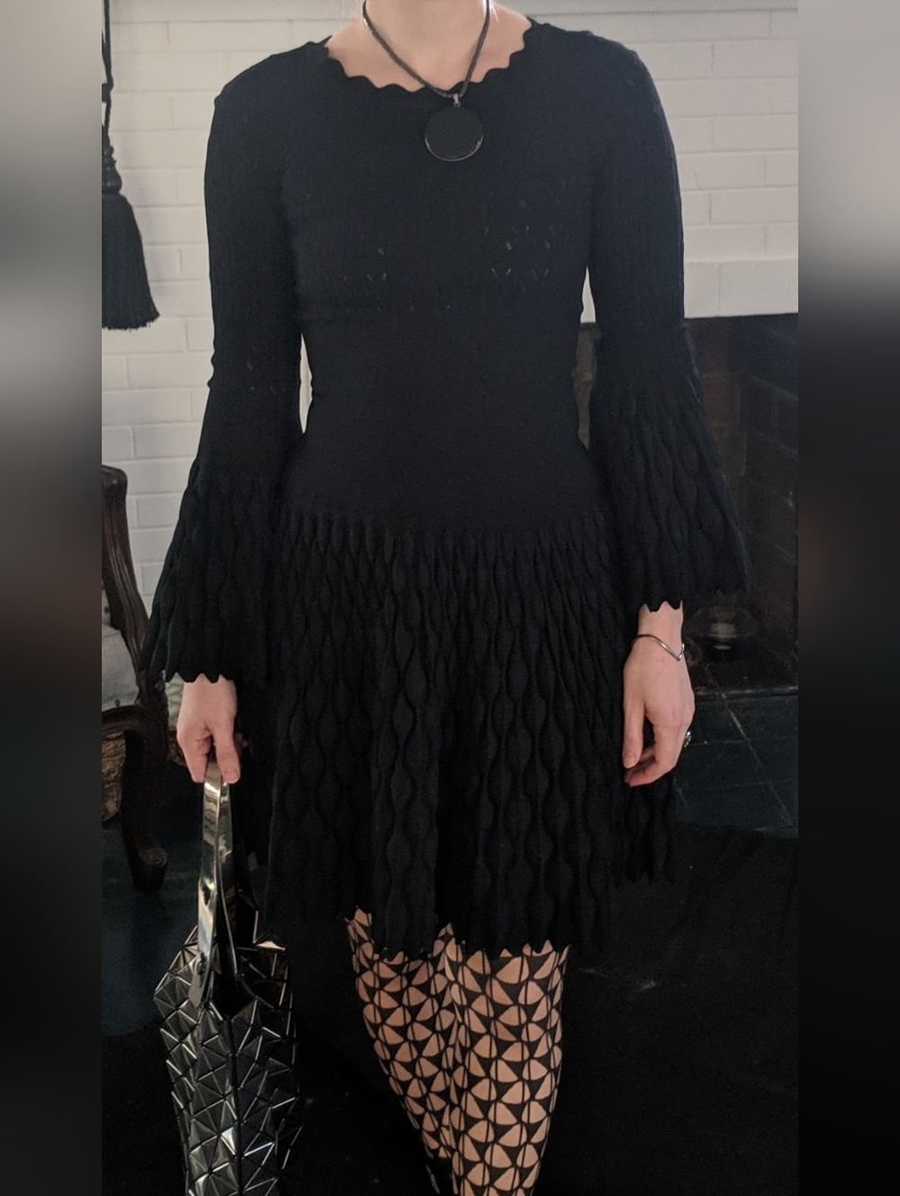 Alaïa Black Wool Jacqured Knit Dress with Flared Sleeves Size 36